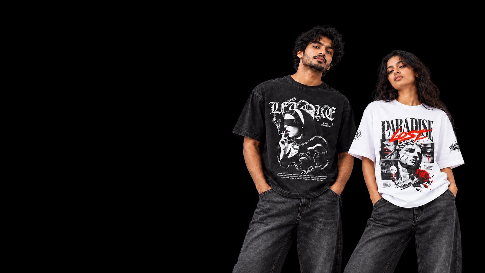 Two models wearing oversized BRAKMASRA graphic tees in a studio