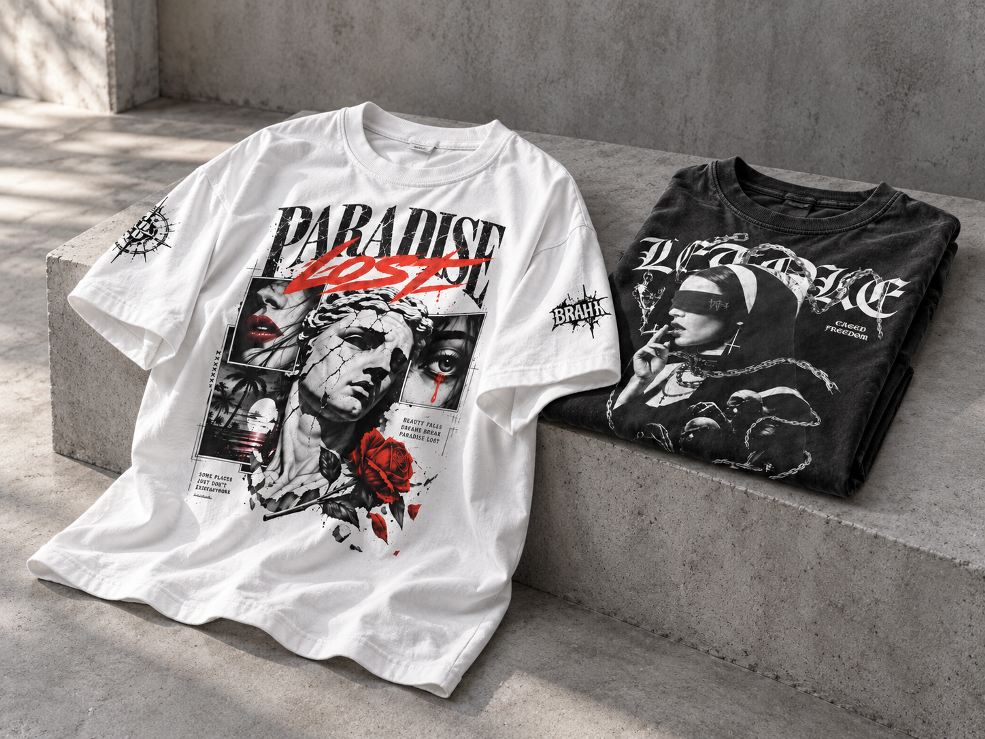 Black and white BRAKMASRA graphic T-shirts from the first collection