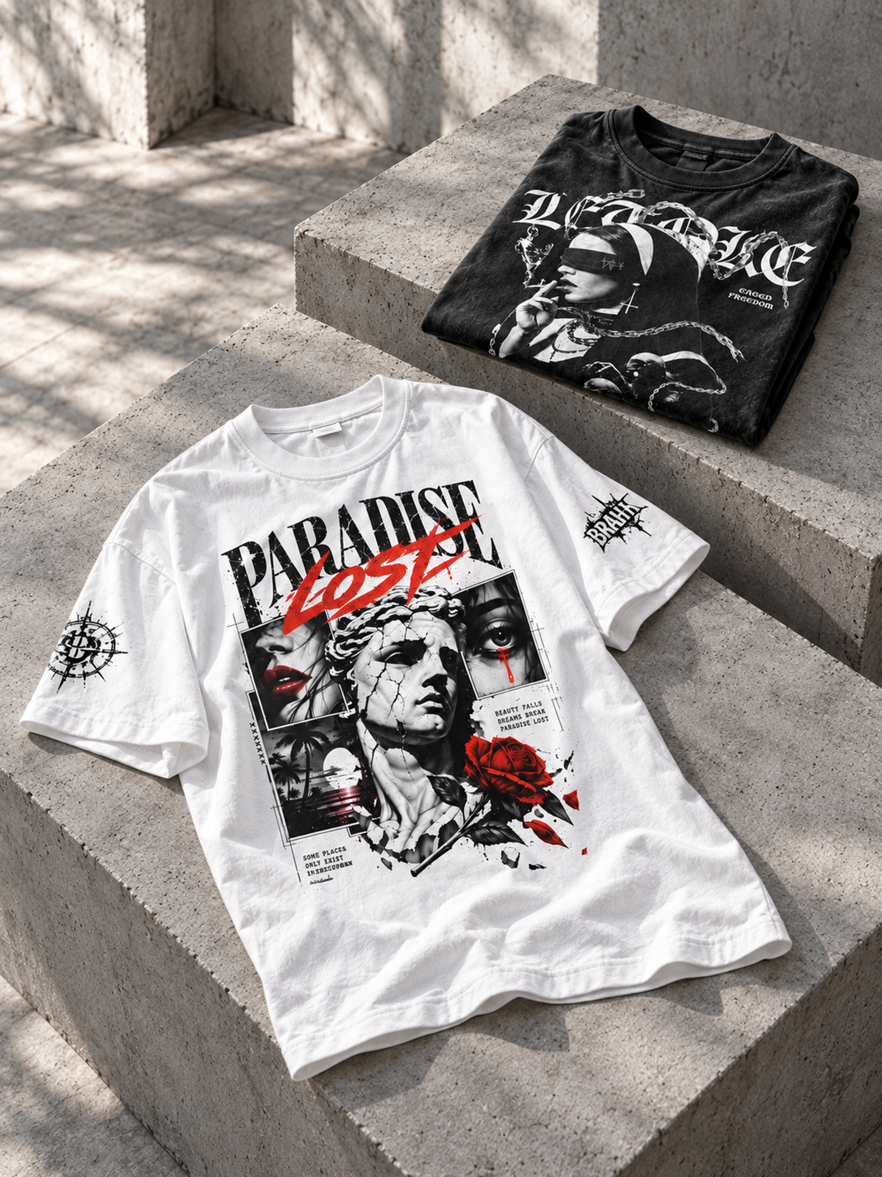 Black and white graphic tees laid over a concrete plinth