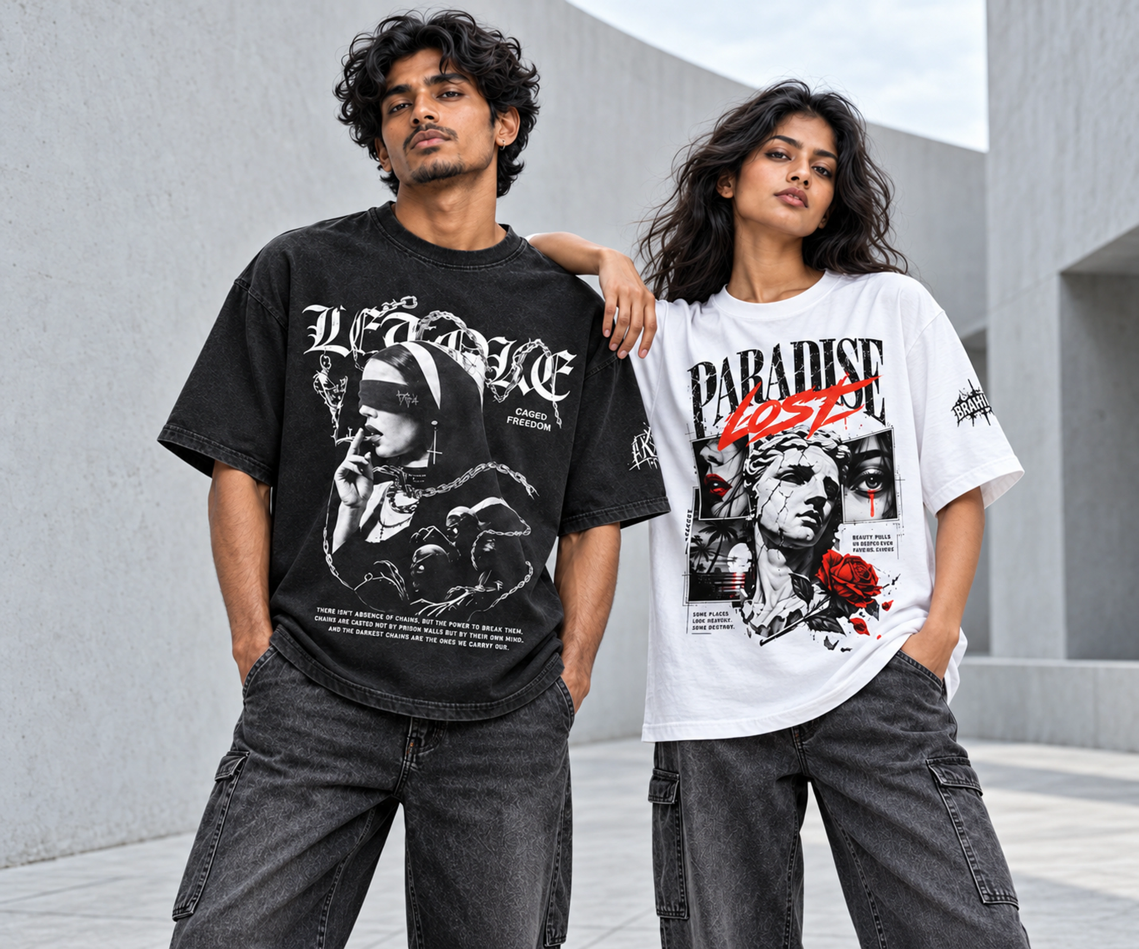 Two models wearing black and white BRAKMASRA graphic tees in a concrete courtyard